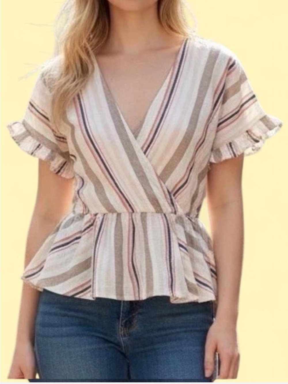 Mi Ami Striped Cotton Wrap Peplum Blouse XL Ruffle Sleeve Boho Coastal